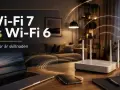 Wi-Fi 7 vs Wi-Fi 6: en jämförelse av trådlös teknik. En router med antenner på ett bord, bredvid en laptop och en mobiltelefon.