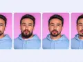 Hombre con diferentes tipos de barba para cara redonda: barba corta, poblada, de chivo y de tres días.