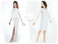 Elegancka stylizacja na wesele dla mamy: biała, błyszcząca suknia z rozcięciem i tiulowa narzutka lub biała sukienka z ozdobnym kołnierzem i zwiewnymi rękawami.