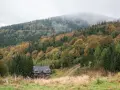 Dom w lesie, jesienne barwy drzew i mgła nad szczytami gór dolnośląskich.
