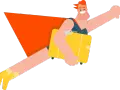 Cartoon man with orange cape and yellow boots flying with a yellow suitcase.