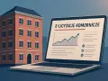 Domy wystawione na licytacje przez komornika. Na ekranie laptopa widnieje napis "E-licytacje komornicze" i wykres wzrostu.