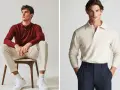 Due modelli presentano un elegante outfit con polo uomo: uno con polo bordeaux e pantaloni chiari, l'altro con polo beige e pantaloni a righe blu.