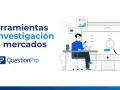 Ilustración de herramientas para investigar el mercado, con un hombre interactuando con una pantalla de computadora que muestra opciones de compra de televisores.