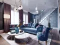 Eleganckie wnętrze z sofą i fotelami w odcieniach niebieskiego, inspirowane stylem art déco architektura. Marmurowe stoliki i fioletowe zasłony dodają luksusu.