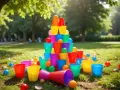 Färgglada plastmuggar och bollar ligger utspridda på en gräsmatta, redo för roliga 5 kamp lekar i parken.