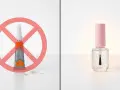 A tube of glue with a red prohibition sign over it, contrasted with a bottle of clear nail polish.