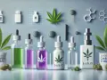 Variedad de frascos con líquidos de colores y hojas de cannabis, mostrando los **sabores de líquidos para cigarrillos electrónicos**.