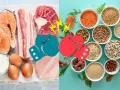 Kamp mellan animaliskt protein (lax, bacon, kött, kyckling, ägg, mjölk) och vegetabiliska proteinkällor (linser, nötter, bönor, havre, quinoa, mandlar).