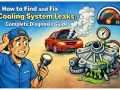 A distressed mechanic holds a flashlight, facing a steaming red car and a leaking coolant pump. The image illustrates how to find and fix cooling system leaks.