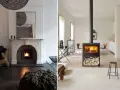 Due eleganti caminetti moderni, uno a legna e uno a pellet, riscaldano due diversi ambienti domestici con il loro calore invitante.