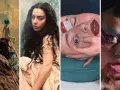 Kolaż okładek albumów muzycznych: Gorillaz, Charli XCX, surrealistyczny portret i artysta w makijażu.