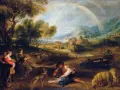 Pastoralna scena z tęczą, ludźmi, owcami i bydłem. To jak **apoteoza co to znaczy** - idealne, błogosławione życie na łonie natury.