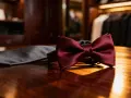 Elegancka bordowa mucha i szary krawat leżą na drewnianym stole. Wybór między muchą czy krawatem zależy od okazji.