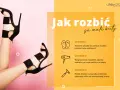 Nogi w czarnych sandałach na obcasie, obok ikon przedstawiających metody rozciągania butów.