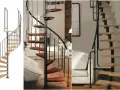 Eleganckie schody kręcone z drewnianymi stopniami i metalową balustradą, idealne jako wejście na poddasze użytkowe.