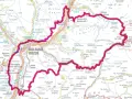 Mappa delle Dolomiti con itinerario di 5 giorni evidenziato in fucsia, partendo da Bolzano.
