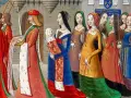 En procession från medeltiden år. En kunglig familj med barn bär rika kläder.