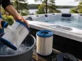 Rengöring av spabadets filter för att ta bort kalk på plast. En person spolar ett filter med vatten i en hink bredvid ett uppvärmt spabad.