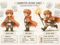 Diseño de personajes para historias: un joven aventurero con capa naranja, visto de frente, perfil y en acción con una antorcha.