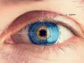 Occhio umano con reticolo futuristico sovrapposto, che simboleggia la ricerca di cure per la distrofia epr.