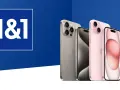 1&1 Logo neben iPhones in Silber und Rosa auf blauem Hintergrund.