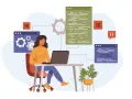 Kobieta przy biurku uczy się, jak zostać programistą, analizując kod na ekranie laptopa i okna z HTML.