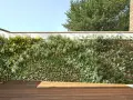 Un mur végétal luxuriant cache un vilain mur extérieur, créant un espace extérieur verdoyant et moderne avec une terrasse en bois.