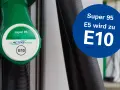 Grüner Zapfhahn mit "super 95" und "E10" Kennzeichnung. Blauer Kreis: "Super 95 E5 wird zu E10".