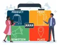 Ilustracja 4P marketingu: Produkt, Cena, Promocja, Miejsce. Ludzie i ikony.