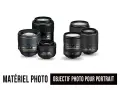 Plusieurs objectifs Nikon, dont un objectif photo pour portrait, sont présentés sur fond blanc.