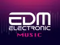 Logo mit "EDM ELECTRONIC MUSIC" in Weiß und Pink vor einem lila Hintergrund mit vertikalen Linien.