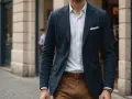 Elegancki mężczyzna w granatowej marynarce, białej koszuli i brązowych spodniach. Idealna stylizacja, która odpowiada na pytanie: jaka koszula do brązowych spodni.