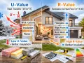 Comparaison U-Value (transfert de chaleur, W/m².K) et R-Value (résistance au flux de chaleur) pour l'isolation d'une maison.