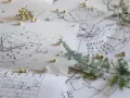 Papierowe wykresy astrologiczne, symbole i linie tworzą skomplikowany wzór. Obok leżą gałązki i drobne kwiaty, jakby ktoś chciał obliczyć horoskop wedyjski.