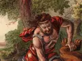 Samson, biblijny siłacz, walczy z lwem w lesie. W tle widać ludzi i krajobraz.