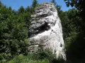 Wysoka, biała skała w otoczeniu zieleni, przypominająca fragmenty skalnego miasta w Polsce.