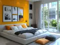 Camera da letto moderna con parete gialla e quadri astratti sopra il letto. Un esempio di come disporre i quadri in camera da letto per un effetto d'impatto.