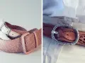 Cinture con diversi tipi di fibbia: una in pelle bianca con fibbia metallica, una rosa intrecciata con fibbia in resina e una marrone con fibbia ovale decorata.