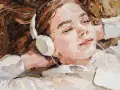 Retrato de una joven con auriculares, sumergida en el impresionismo musical. Su rostro relajado y ojos cerrados transmiten la profunda conexión con la melodía.