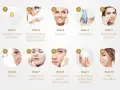 Dziesięć kroków koreańskiej pielęgnacji: od oczyszczania olejkiem i wodą, przez peeling, tonizację, esencję, serum, maskę, po pielęgnację okolic oczu, krem i krem z filtrem.