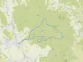 Mapa turystyczna **parku krajobrazowego Gór Sowich** z zaznaczoną trasą pieszą. Widoczne szczyty, drogi i zabudowania.