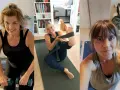 Tre kvinnor tränar hemma. En lyfter vikter, en annan gör yoga med ett band, och den tredje är nära. Kbt på egen hand kan vara en del av en hälsosam livsstil.