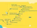 Mapa USA z trasą przez parki narodowe: Yellowstone, Badlands, Mount Rushmore, Wielki Kanion Kolorado, Mesa Verde i inne.