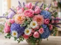 Un ramo vibrante con rosas, tulipanes, hortensias y lavanda, ideal para descubrir tipos de flores para regalar.