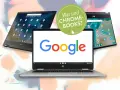 Drei Chromebooks, eines mit Google-Logo, zeigen, was sind Chromebooks? Ideal für den schnellen Zugriff auf Apps und das Web.
