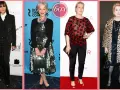 Estilos elegantes para saber como vestir para un cumpleaños: traje negro, vestido floral, top rojo y abrigo de leopardo.