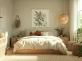 Helles, natürliches Schlafzimmer im Boho-Stil. Die sanften Erdtöne und Pflanzen schaffen eine harmonische feng shui schlafzimmer farbe Atmosphäre.