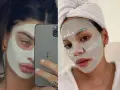 Due immagini affiancate: una donna con maschera viso bianca e un telefono, l'altra con maschera in tessuto e asciugamano in testa. Attenzione, le maschere viso scadono!