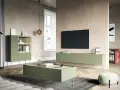 Jasny kolor oliwkowy mebli w nowoczesnym salonie. Niska szafka RTV, stolik kawowy i regał tworzą spójną aranżację.